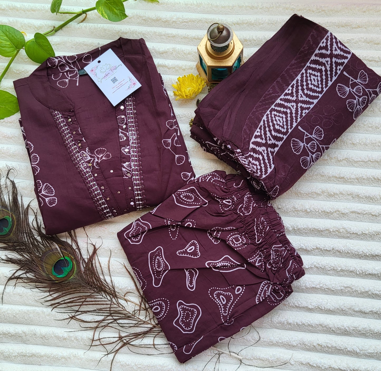 Dark Maroon Block Print Cotton Kurta Set with Dupatta