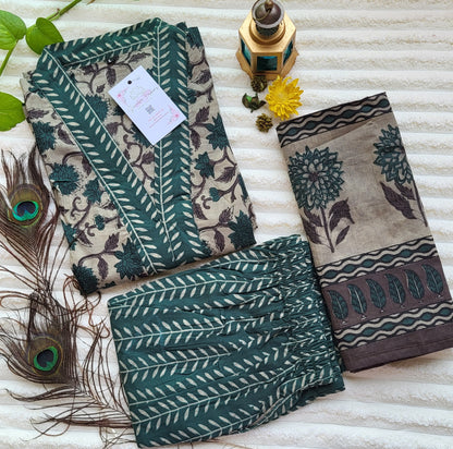 Elegant Green & Beige Floral Printed Cotton Suit Set with Dupatta