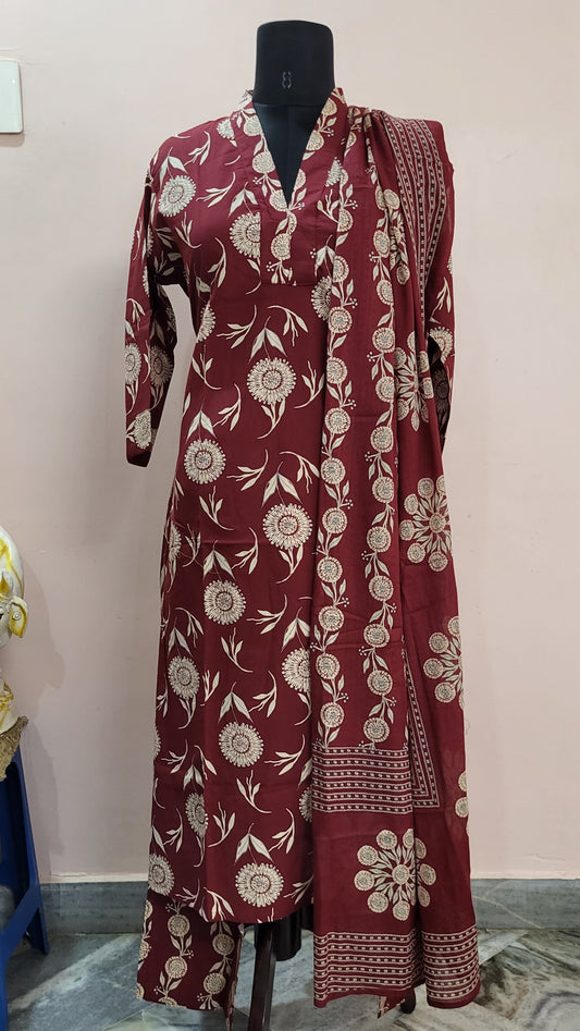 Maroon Floral Handblock Print Cotton Suit Set with Dupatta