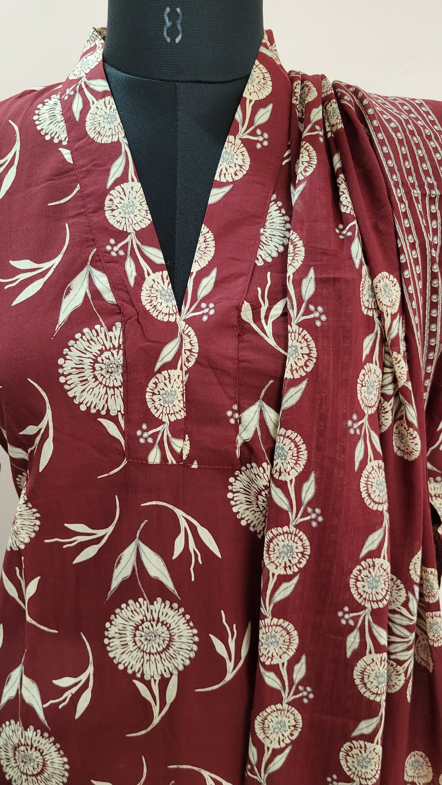 Maroon Floral Handblock Print Cotton Suit Set with Dupatta