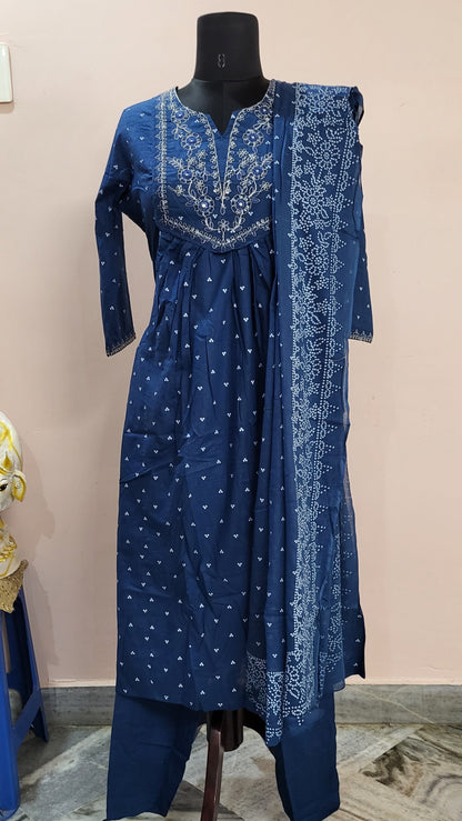 Navy Blue Embroidered Anarkali Cotton Suit Set with Dupatta