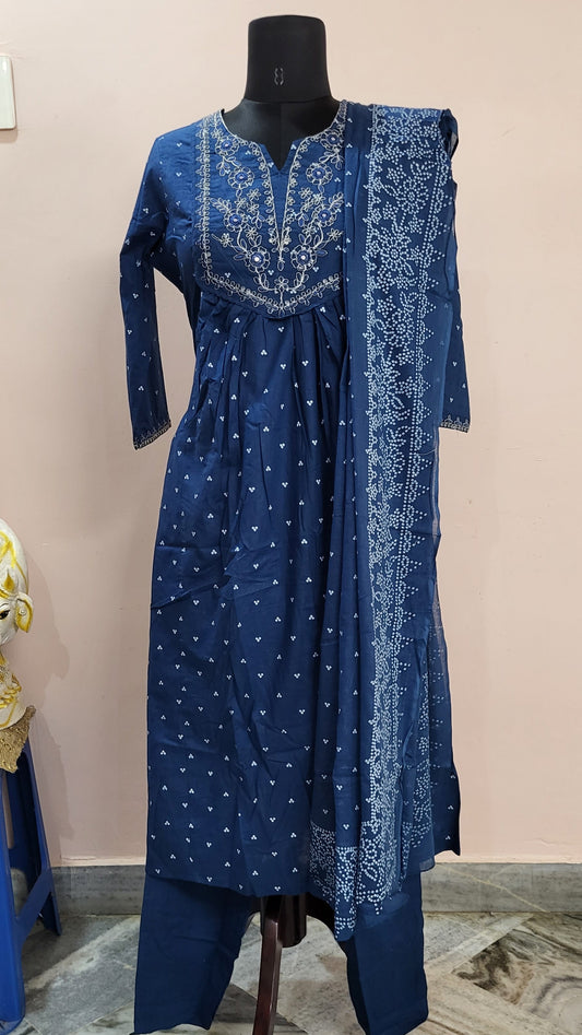 Navy Blue Embroidered Anarkali Cotton Suit Set with Dupatta