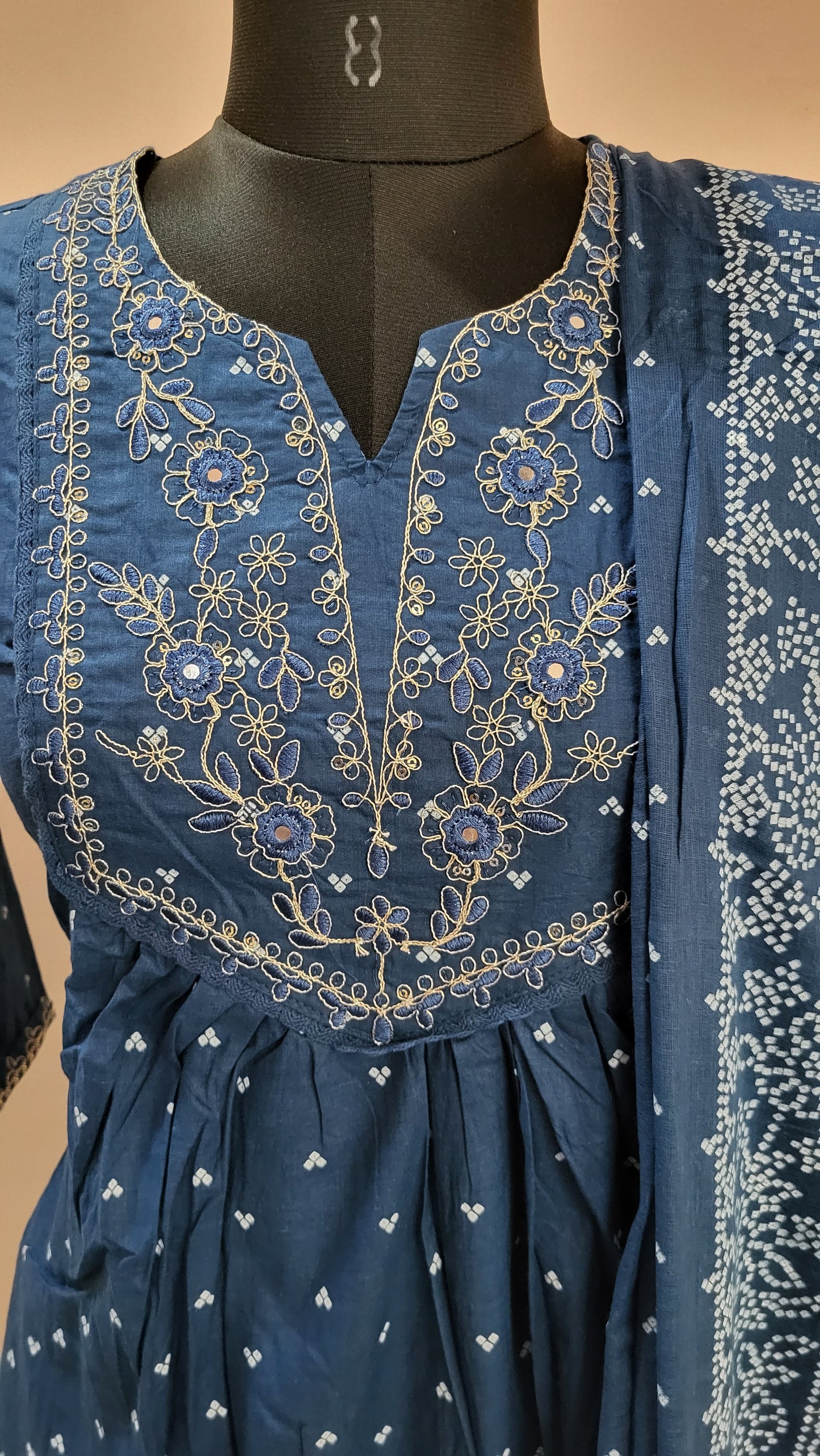 Navy Blue Embroidered Anarkali Cotton Suit Set with Dupatta
