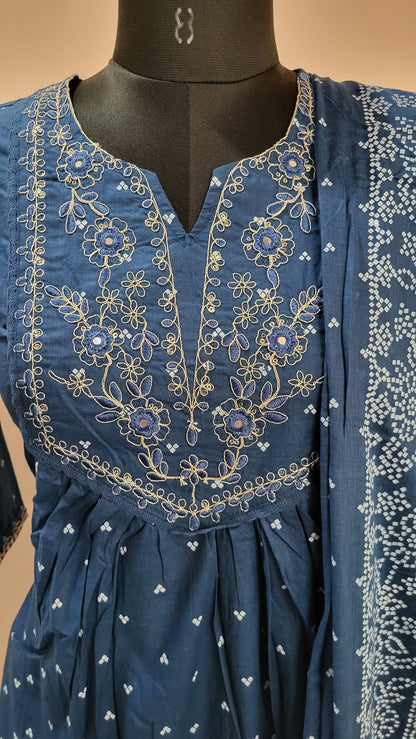 Navy Blue Embroidered Anarkali Cotton Suit Set with Dupatta