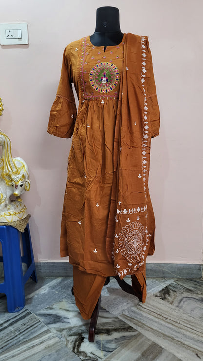 Mustard Brown Embroidered Peacock Kurta Set with Dupatta