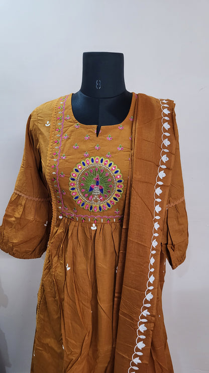 Mustard Brown Embroidered Peacock Kurta Set with Dupatta