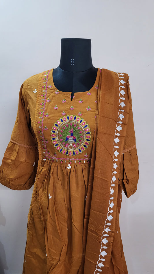 Mustard Brown Embroidered Peacock Kurta Set with Dupatta