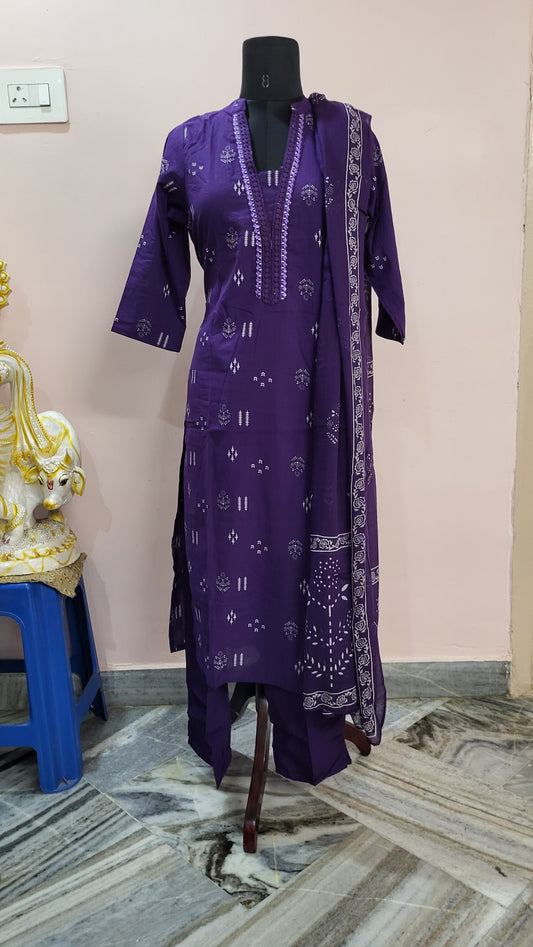 Purple Block Print Cotton Suit Set with Dupatta