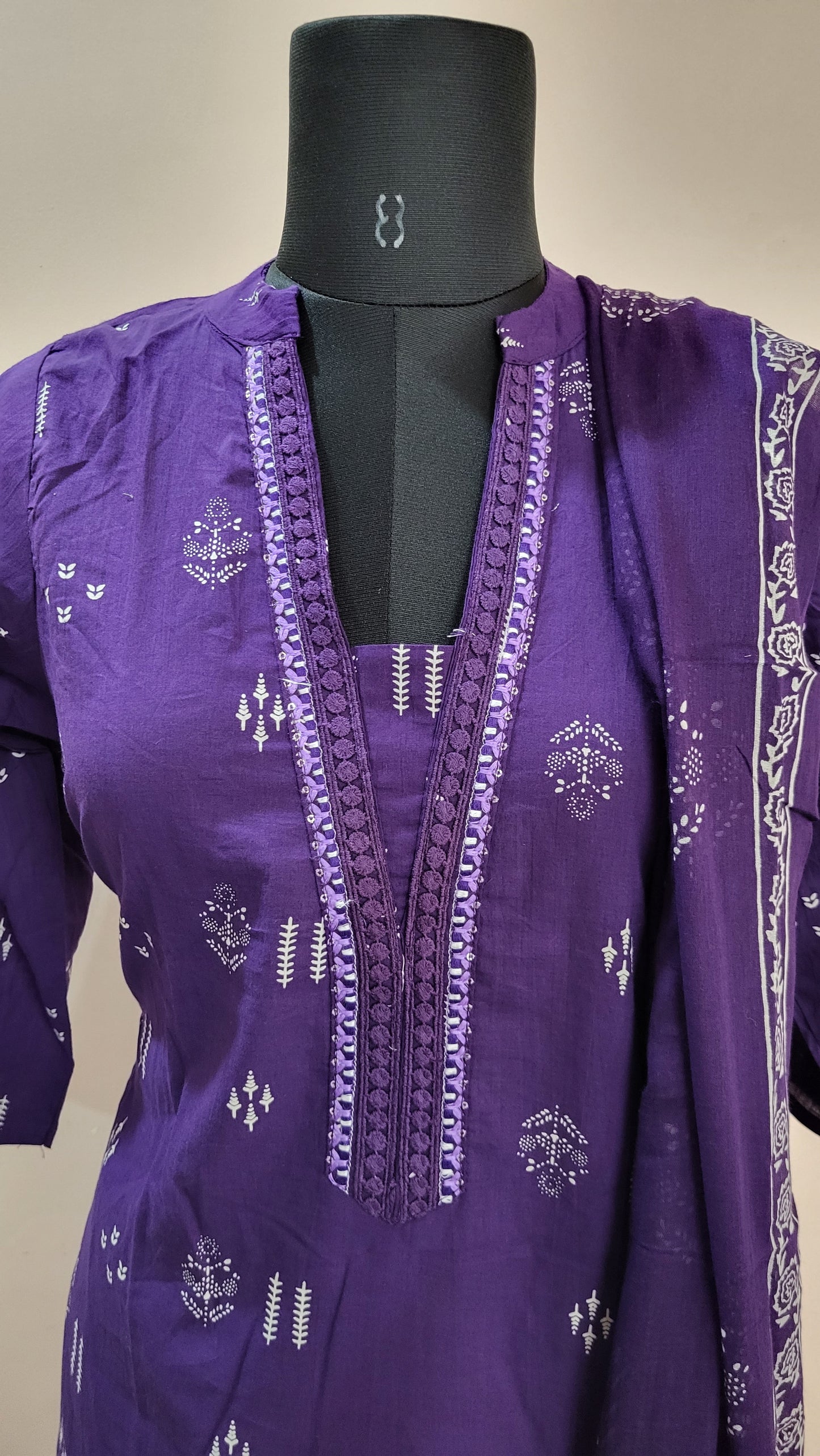 Purple Block Print Cotton Suit Set with Dupatta