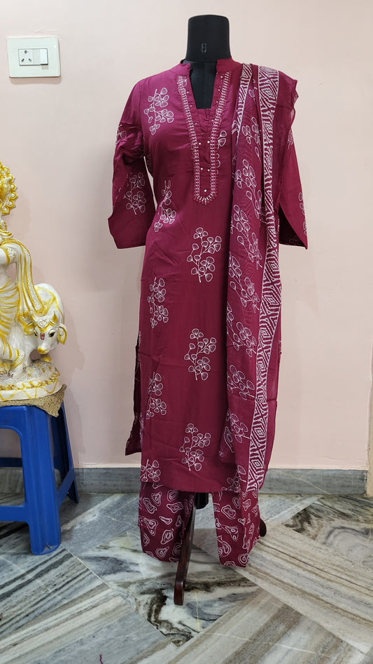 Stylish Maroon Printed Cotton Kurta with Matching Dupatta & Bottom