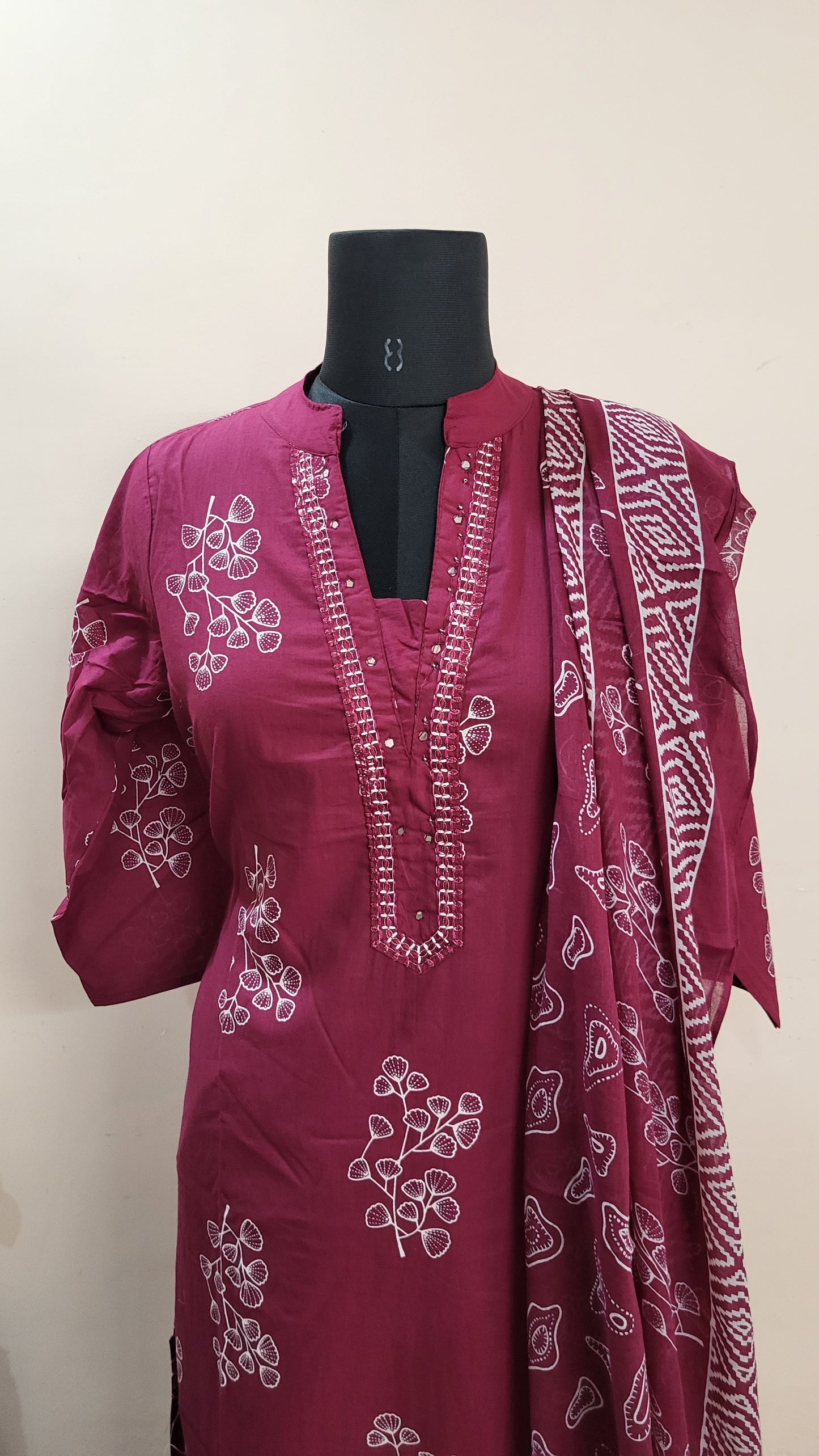 Stylish Maroon Printed Cotton Kurta with Matching Dupatta & Bottom