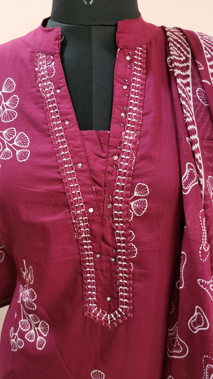 Stylish Maroon Printed Cotton Kurta with Matching Dupatta & Bottom