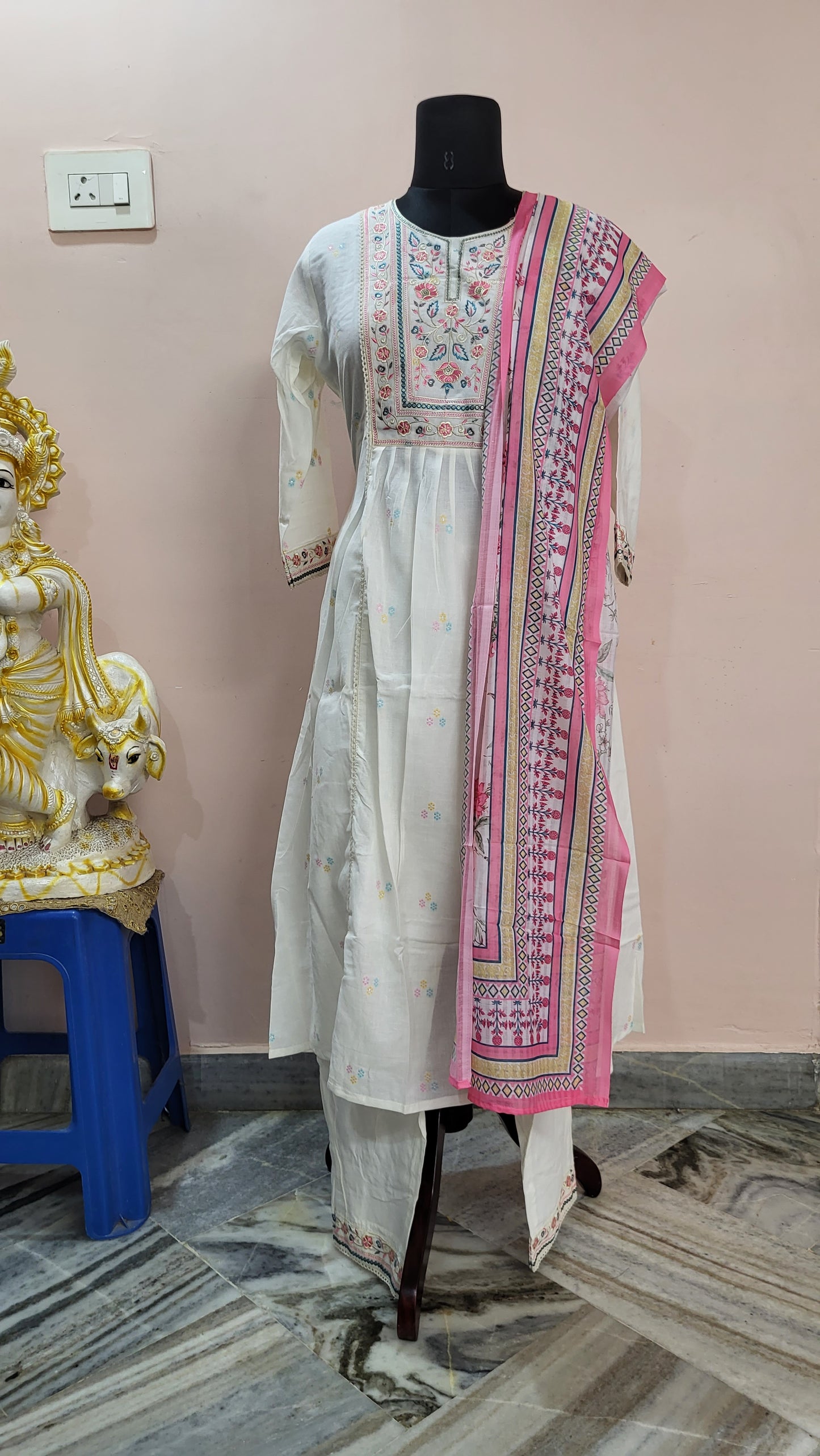 White Cotton Anarkali Suit Set with Multicolor Embroidery & Pink Dupatta