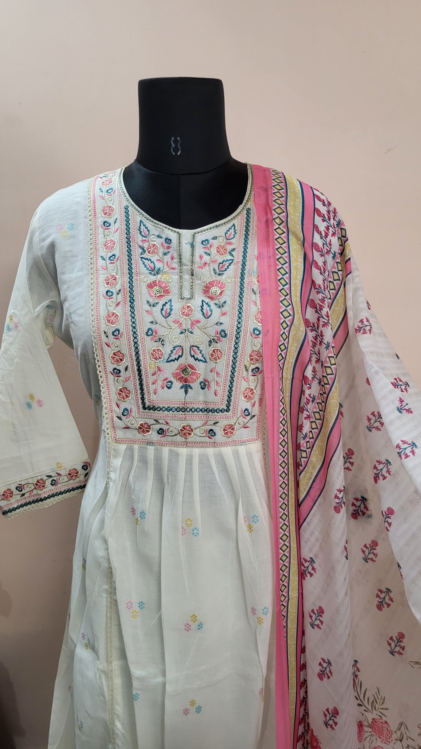 White Cotton Anarkali Suit Set with Multicolor Embroidery & Pink Dupatta