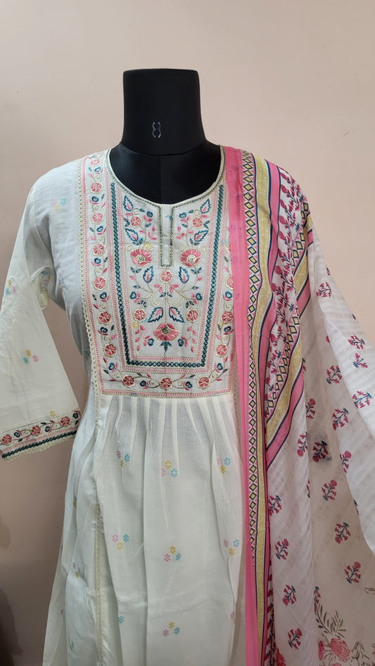 White Cotton Anarkali Suit Set with Multicolor Embroidery & Pink Dupatta