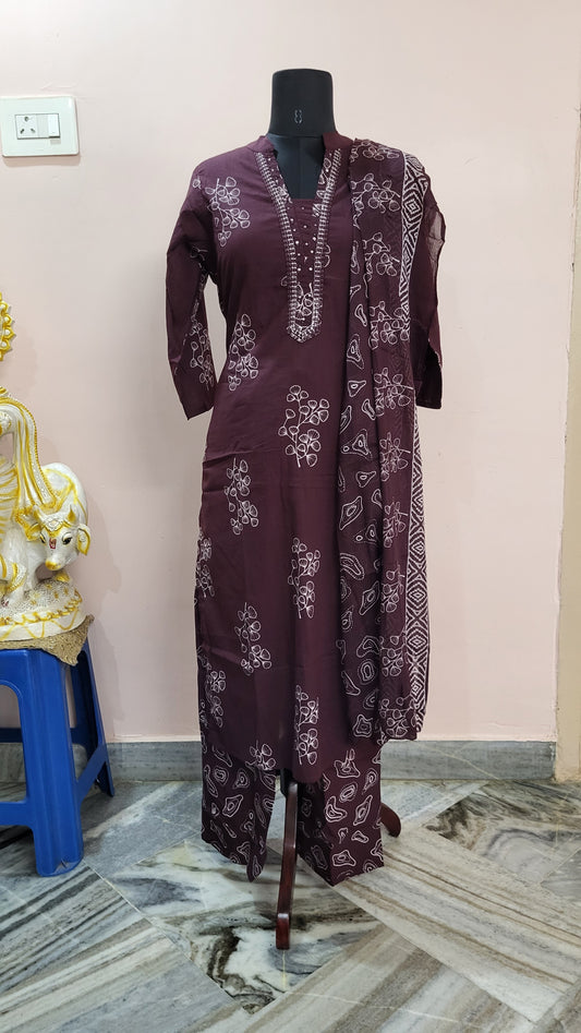 Dark Maroon Block Print Cotton Kurta Set with Dupatta