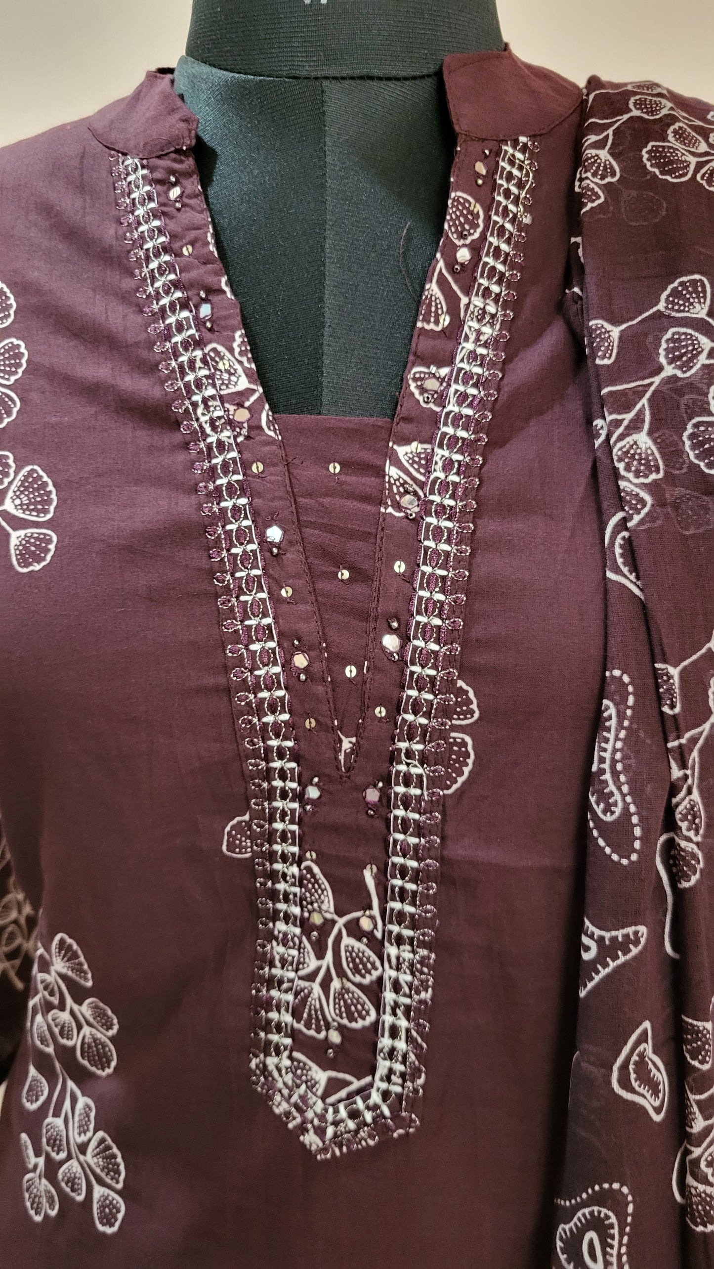 Dark Maroon Block Print Cotton Kurta Set with Dupatta