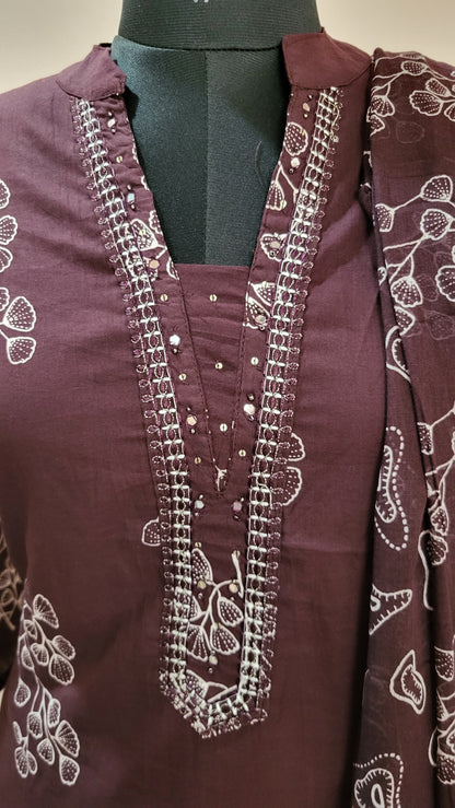 Dark Maroon Block Print Cotton Kurta Set with Dupatta