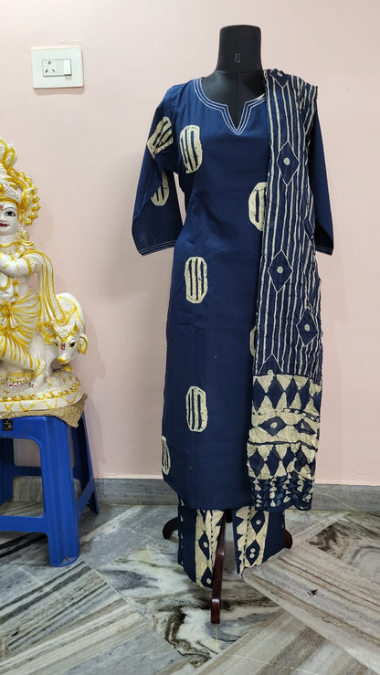 Navy Blue Handblock Printed Cotton Kurta Set with Dupatta