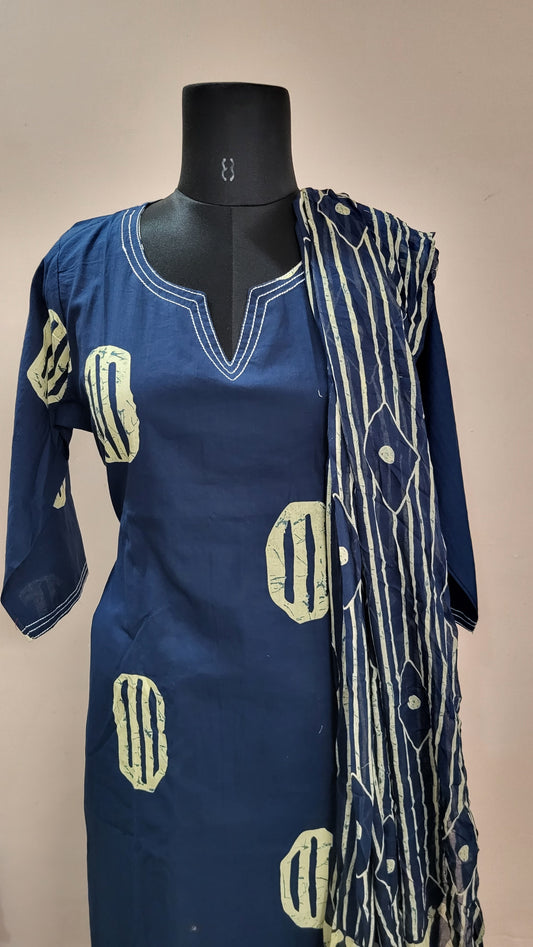 Navy Blue Handblock Printed Cotton Kurta Set with Dupatta