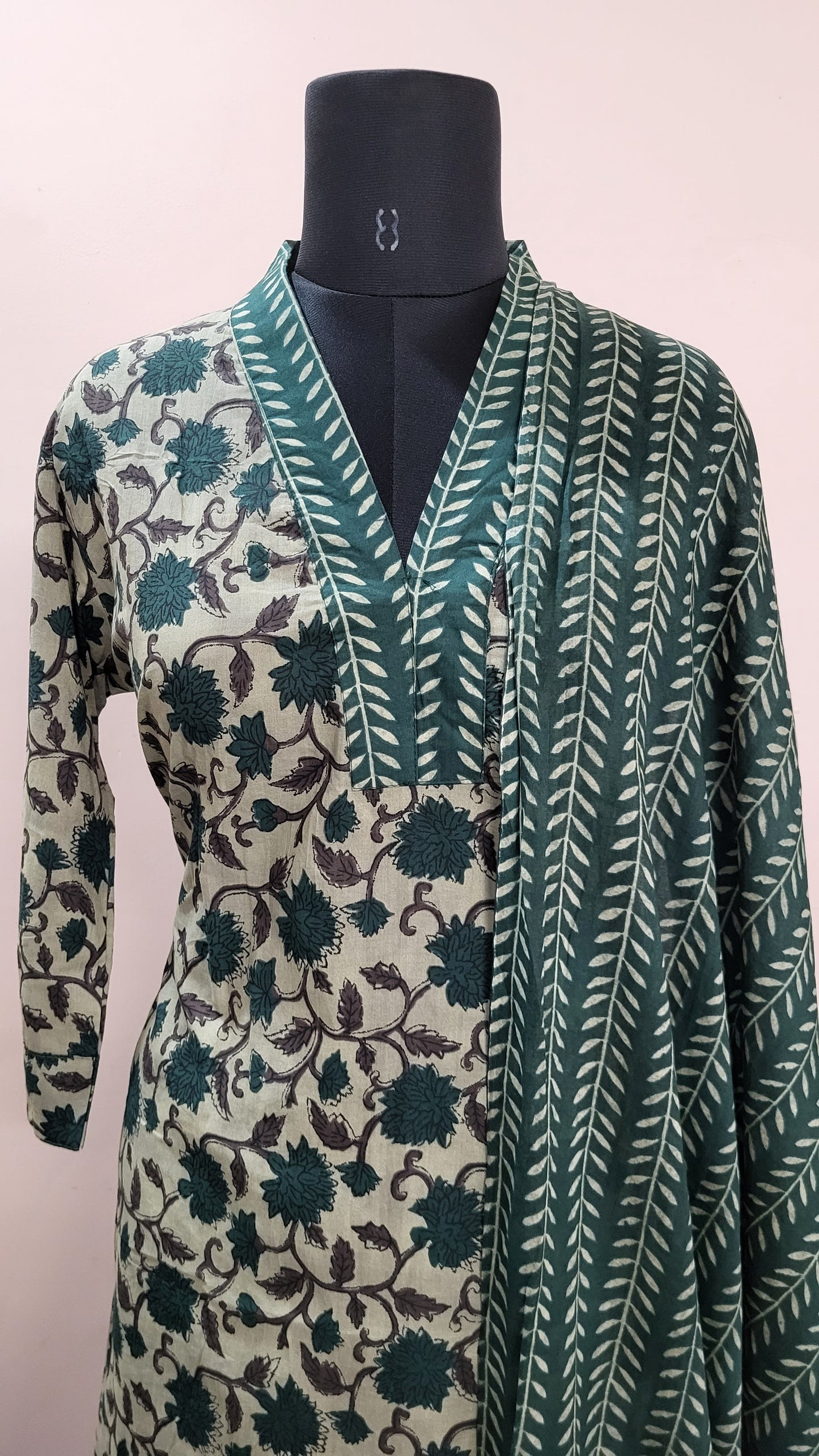 Elegant Green & Beige Floral Printed Cotton Suit Set with Dupatta