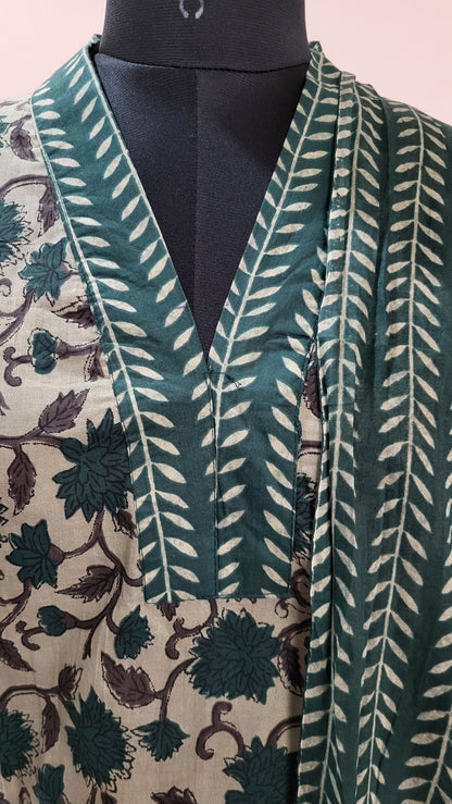 Elegant Green & Beige Floral Printed Cotton Suit Set with Dupatta