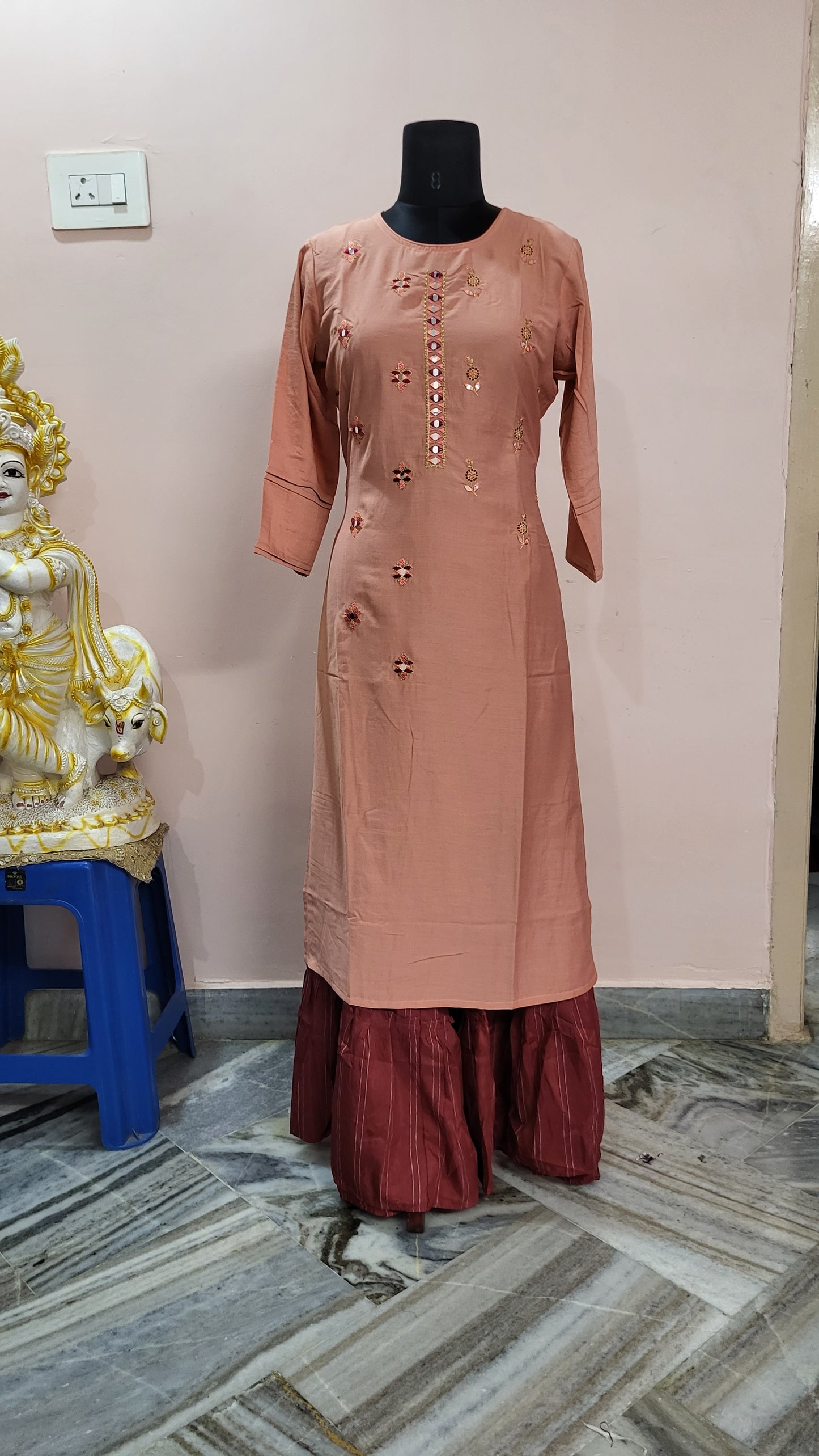 Peach Mirror-Work Embroidered Kurta with Maroon Striped Palazzo Pants
