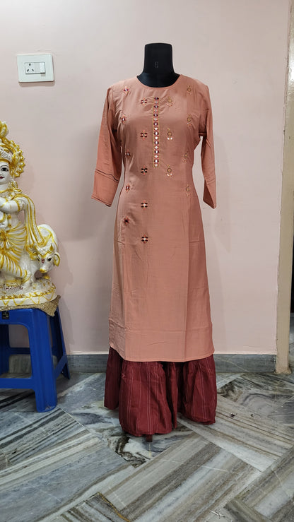Peach Mirror-Work Embroidered Kurta with Maroon Striped Palazzo Pants