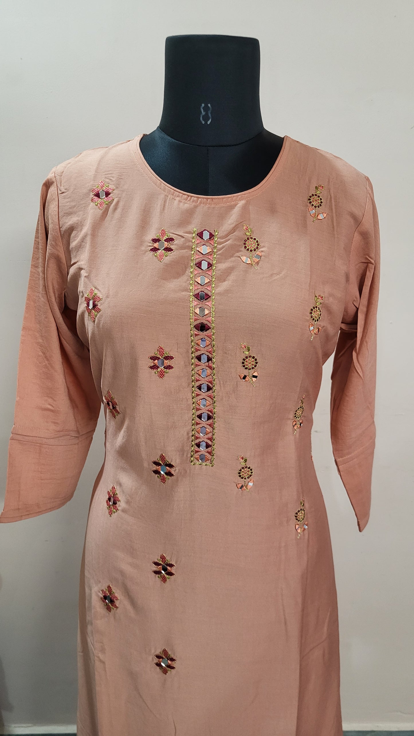 Peach Mirror-Work Embroidered Kurta with Maroon Striped Palazzo Pants