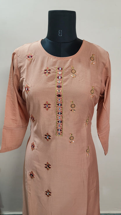 Peach Mirror-Work Embroidered Kurta with Maroon Striped Palazzo Pants