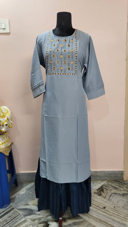 Dusty Blue Embroidered Kurta with Striped Palazzo Pants