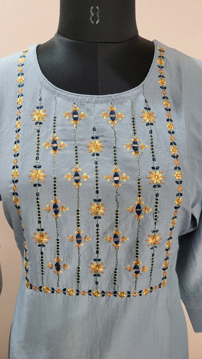 Dusty Blue Embroidered Kurta with Striped Palazzo Pants