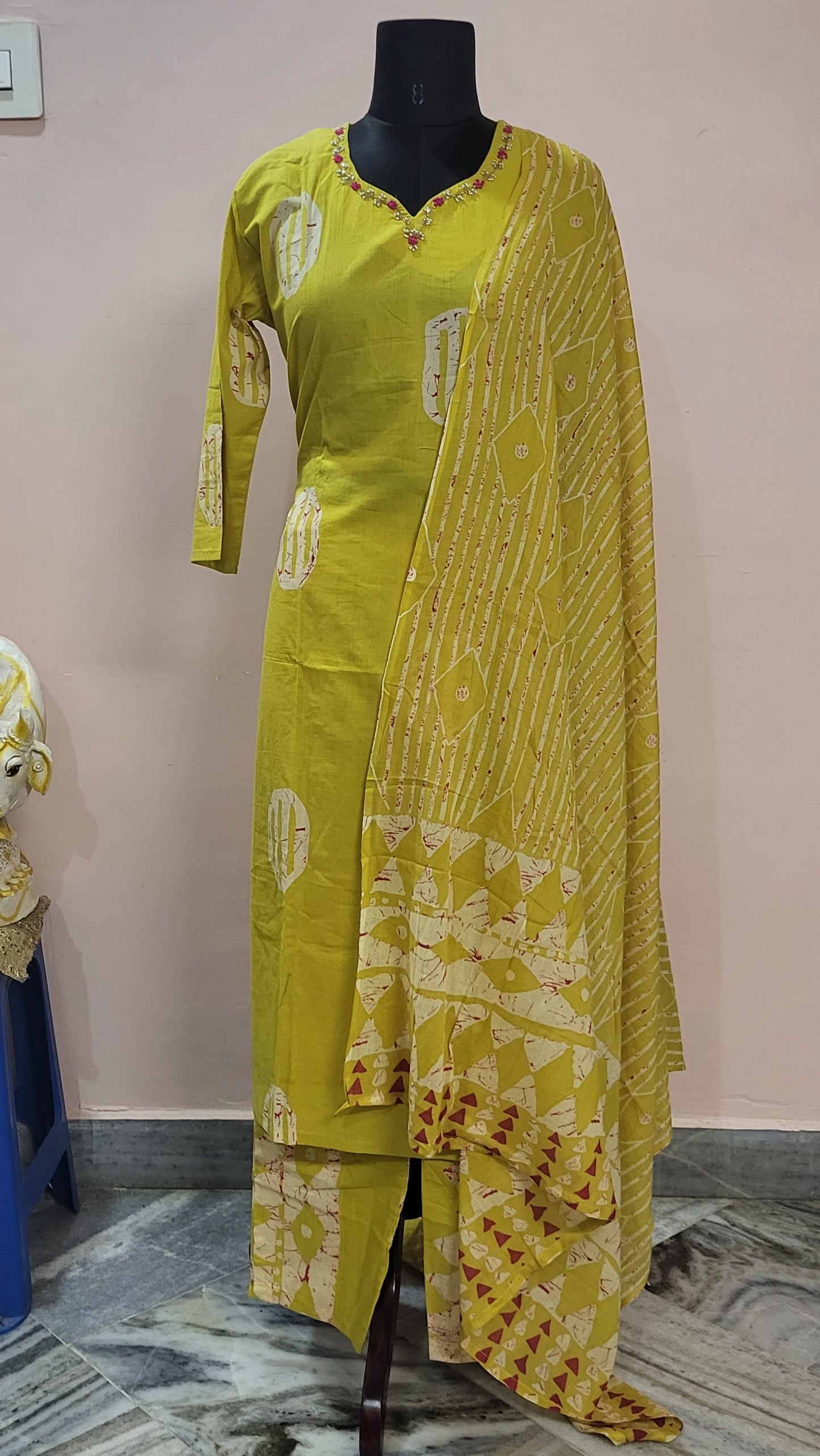 Mustard Yellow Handblock Print Cotton Suit Set with Embroidered Neckline