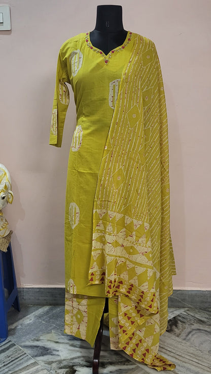 Mustard Yellow Handblock Print Cotton Suit Set with Embroidered Neckline