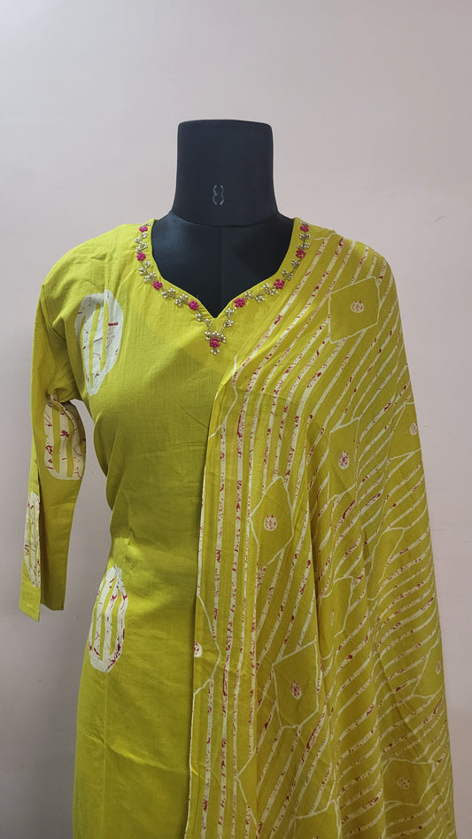 Mustard Yellow Handblock Print Cotton Suit Set with Embroidered Neckline
