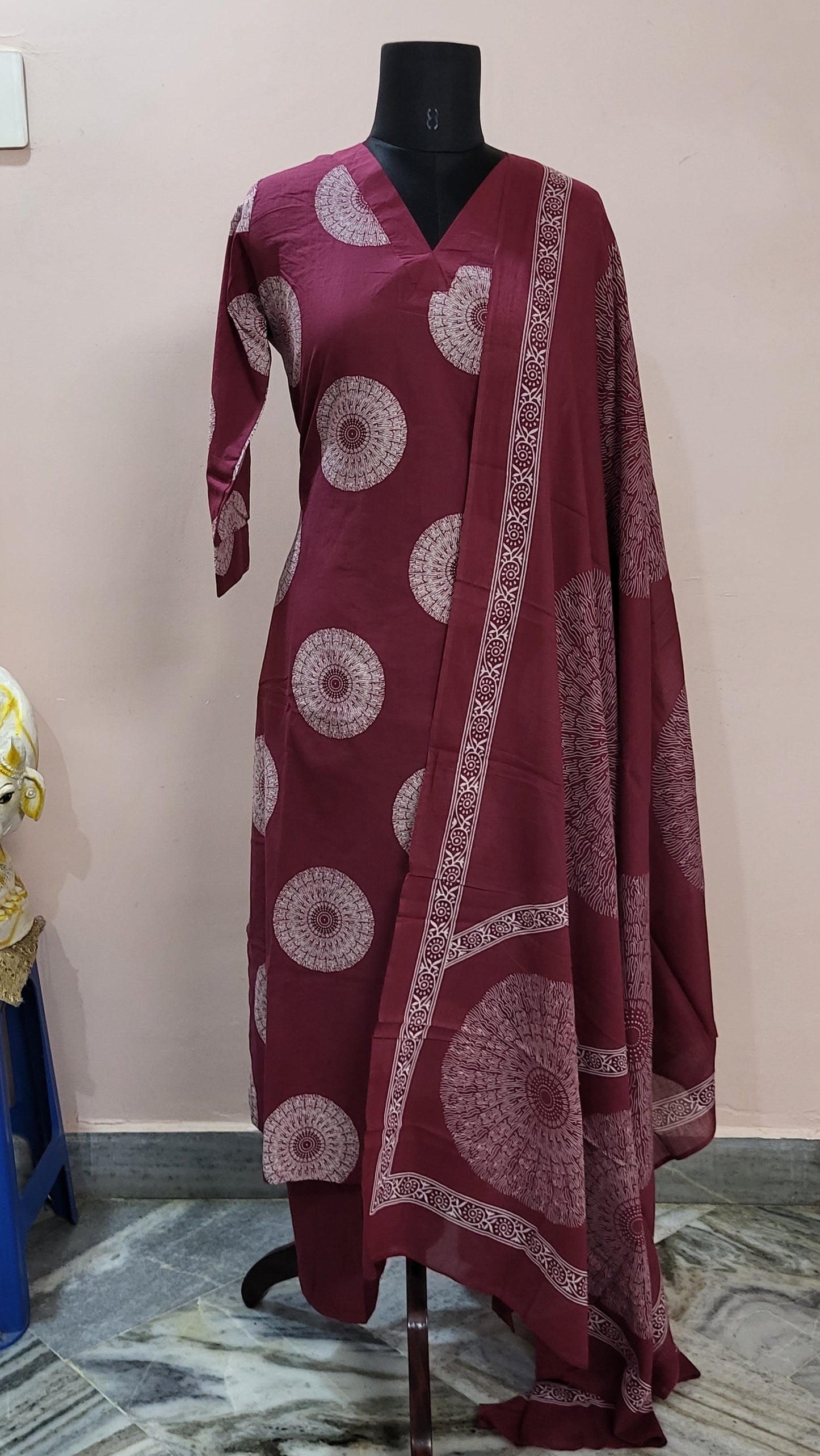 Elegant Maroon Cotton Printed Salwar Suit with Dupatta