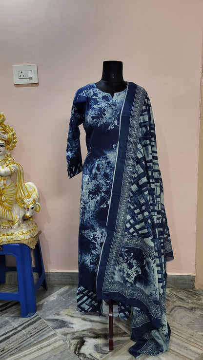 Elegant Indigo Blue Floral Cotton Suit Set with Dupatta