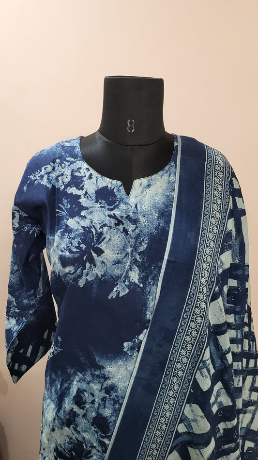 Elegant Indigo Blue Floral Cotton Suit Set with Dupatta