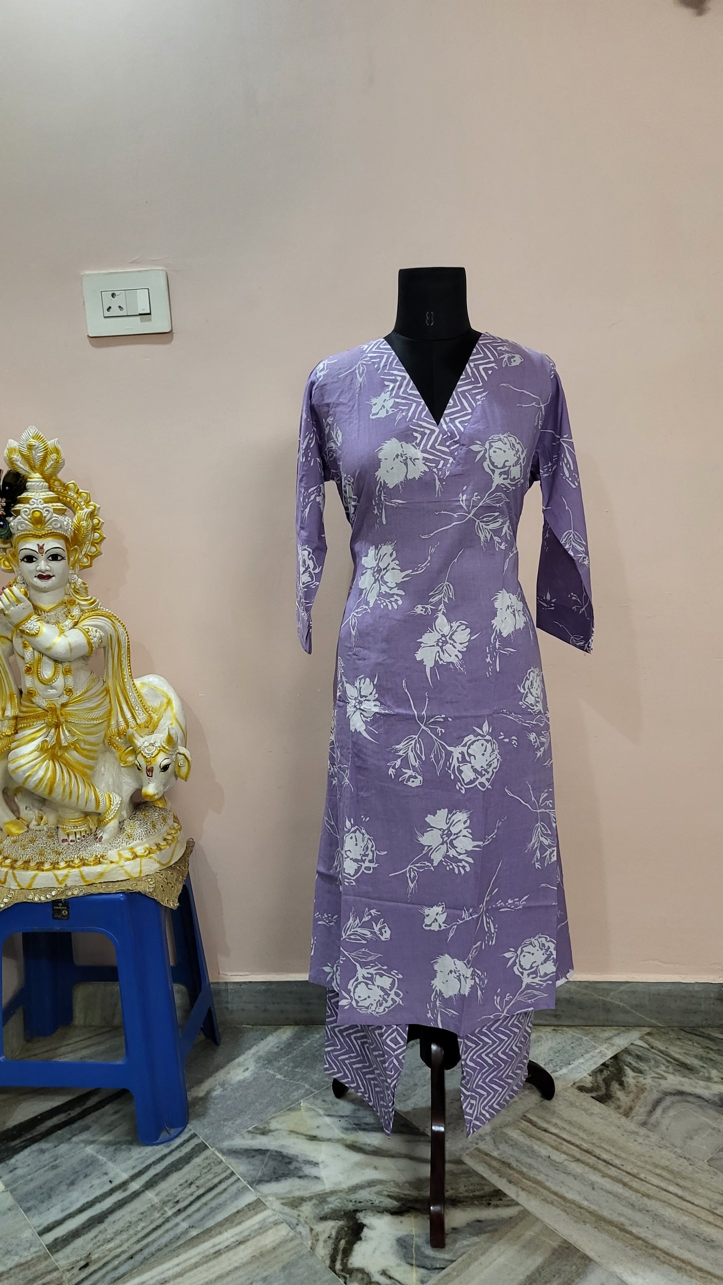 Lavender Floral Printed Kurta with Chevron Print Pants