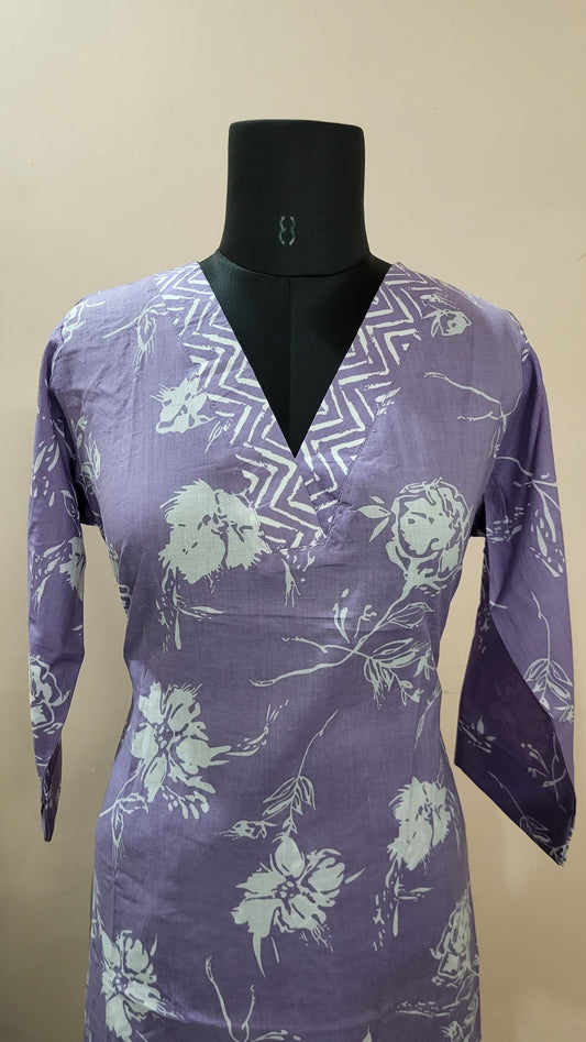 Lavender Floral Printed Kurta with Chevron Print Pants