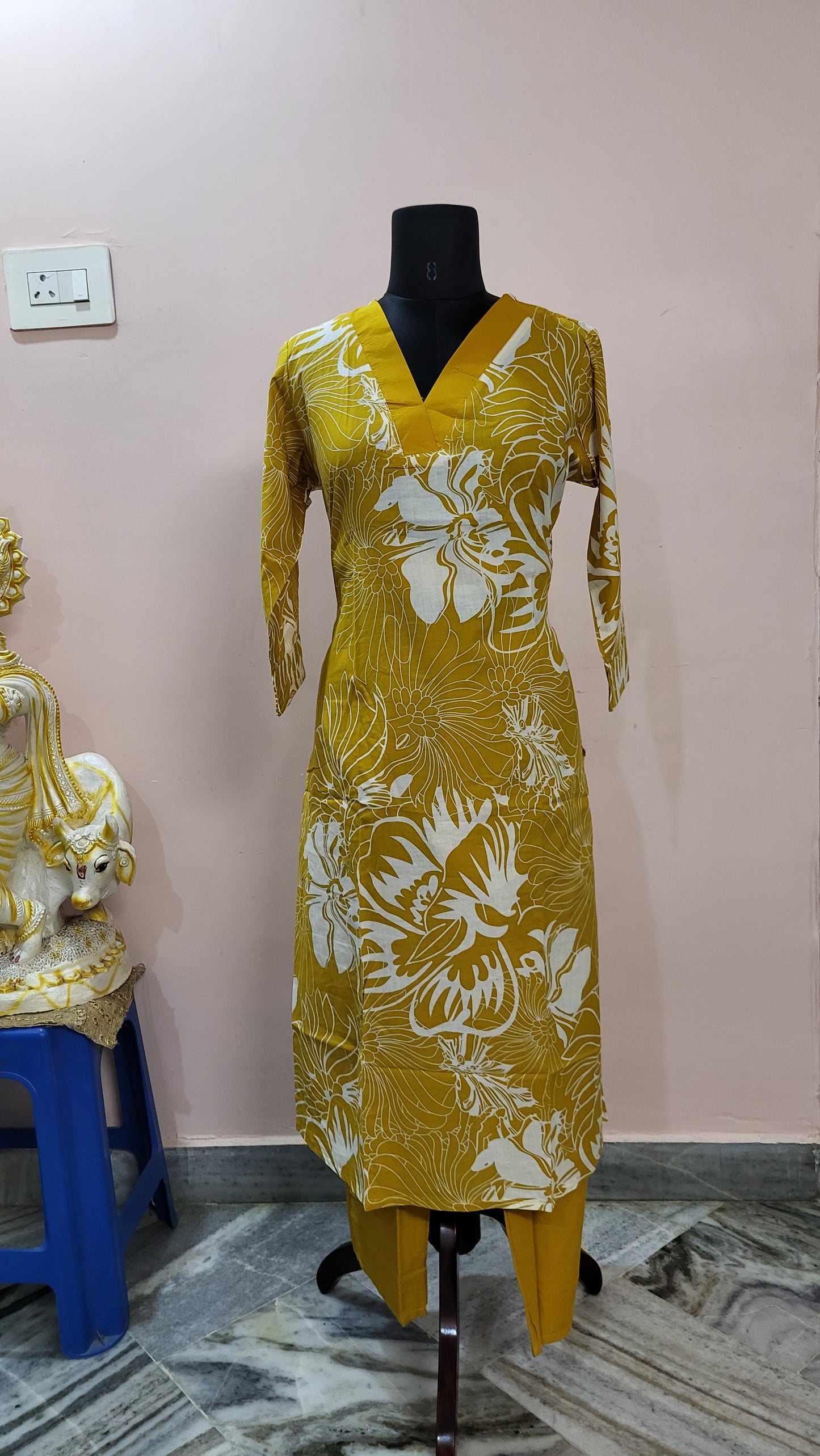 Mustard Yellow Floral Print Kurta with Solid Pants