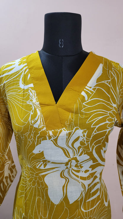 Mustard Yellow Floral Print Kurta with Solid Pants