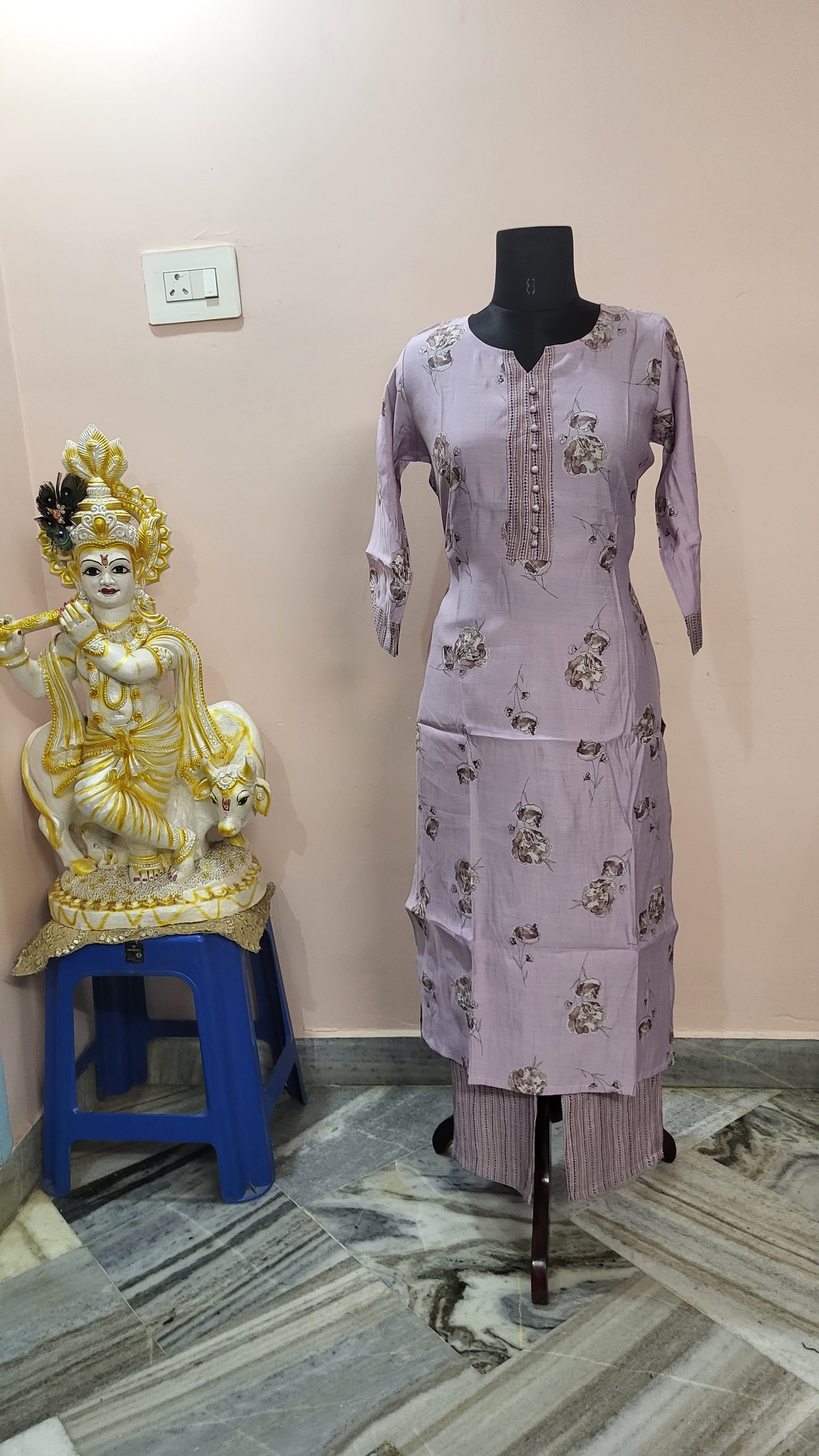 Lavender Floral Printed Cotton Kurta Set with Striped Pants