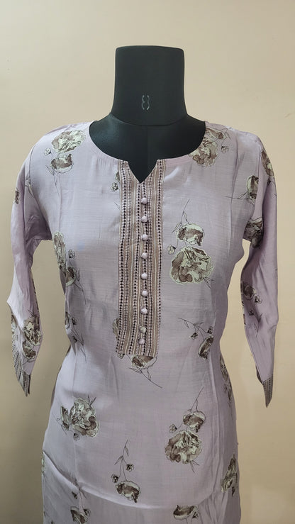 Lavender Floral Printed Cotton Kurta Set with Striped Pants