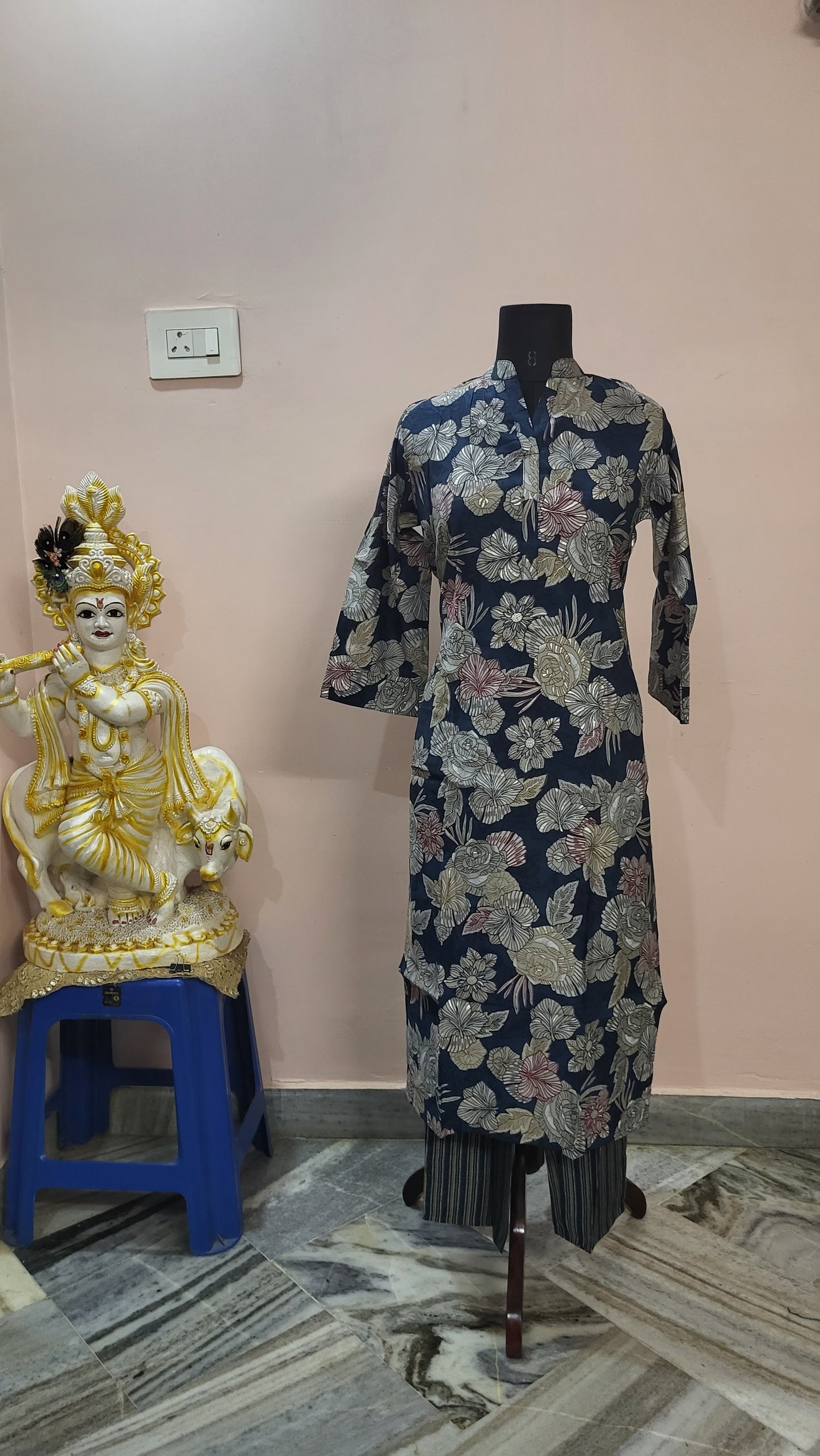 Navy Blue Floral Printed Cotton Kurta Set with Striped Pants