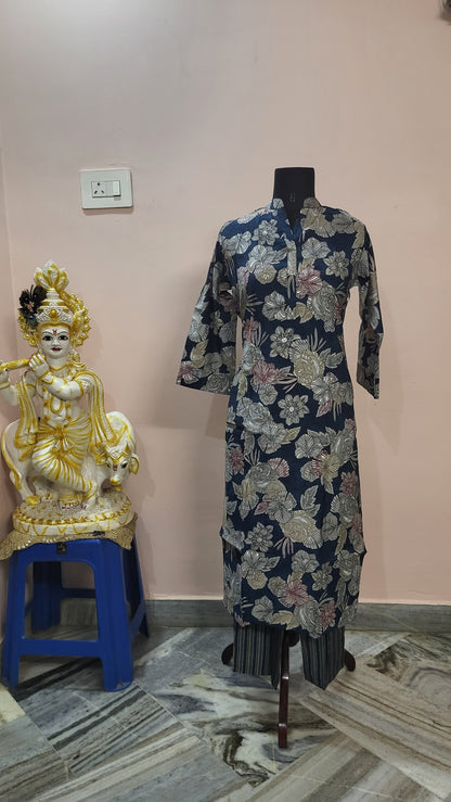 Navy Blue Floral Printed Cotton Kurta Set with Striped Pants
