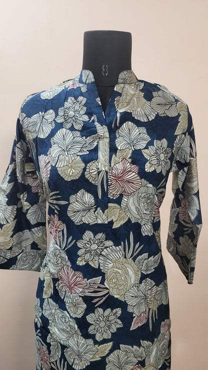 Navy Blue Floral Printed Cotton Kurta Set with Striped Pants