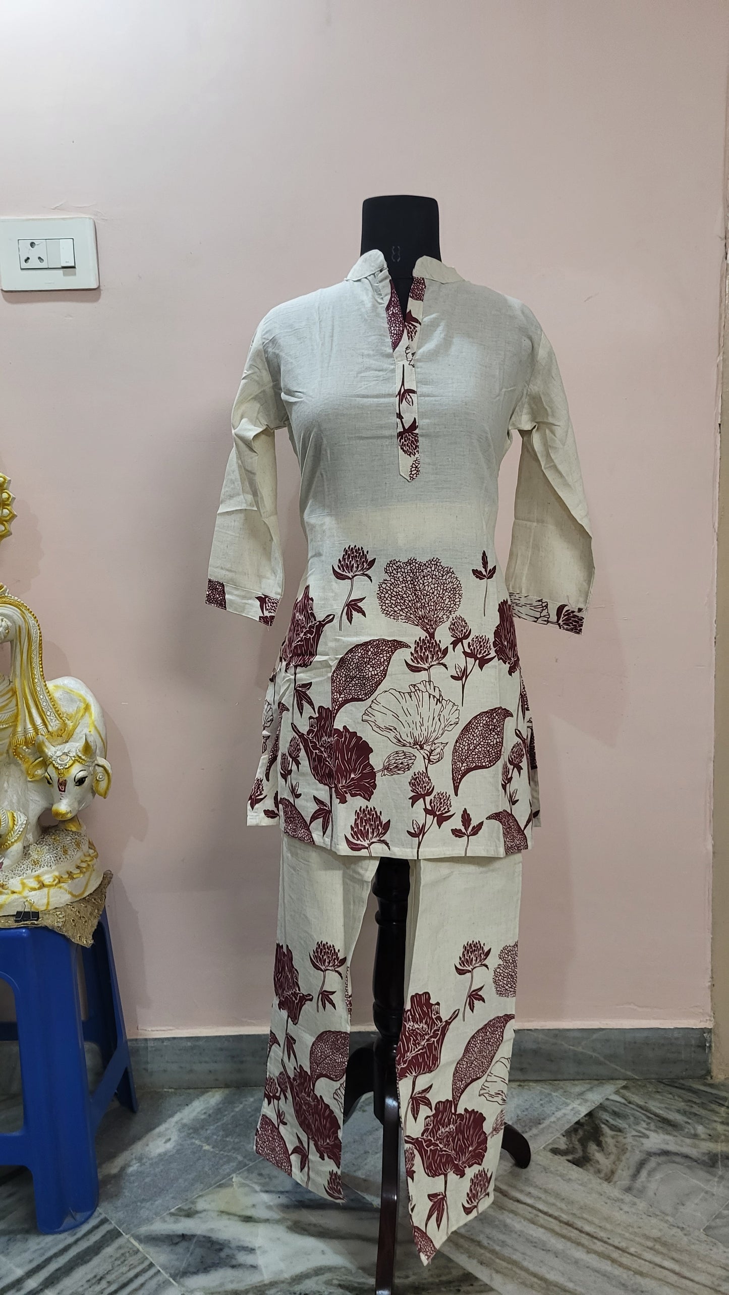 Ivory & Maroon Floral Printed Cotton Kurta Set
