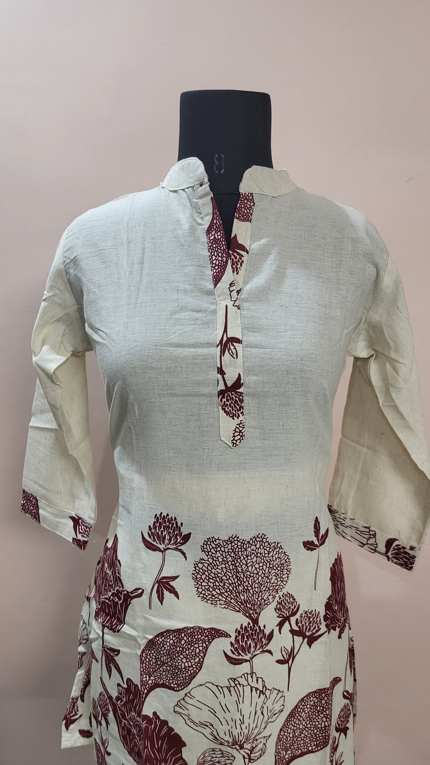 Ivory & Maroon Floral Printed Cotton Kurta Set