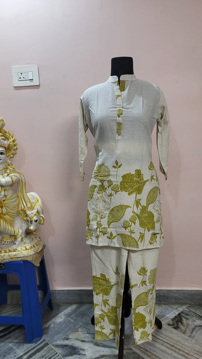 Ivory & Olive Green Floral Printed Cotton Kurta Set